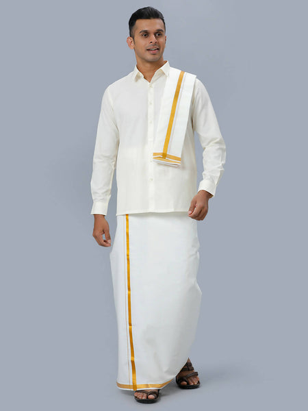 Ramraj Cotton Mens Wedding Set Cream Regular Dhoti, Shirt & Towel - Distacart