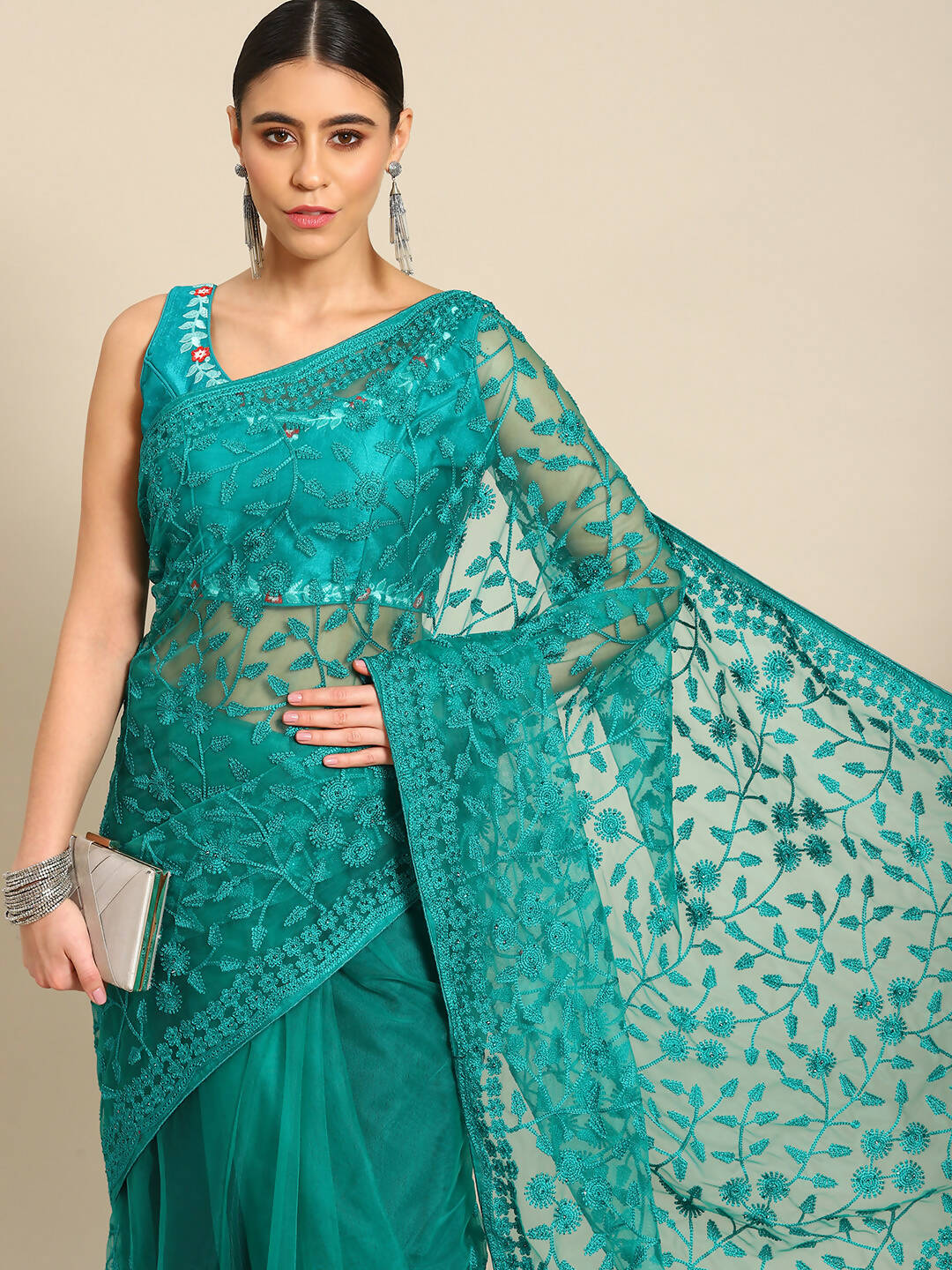 Sea Green Woven Design Net Saree with Blouse Piece - Kalamkari - Distacart