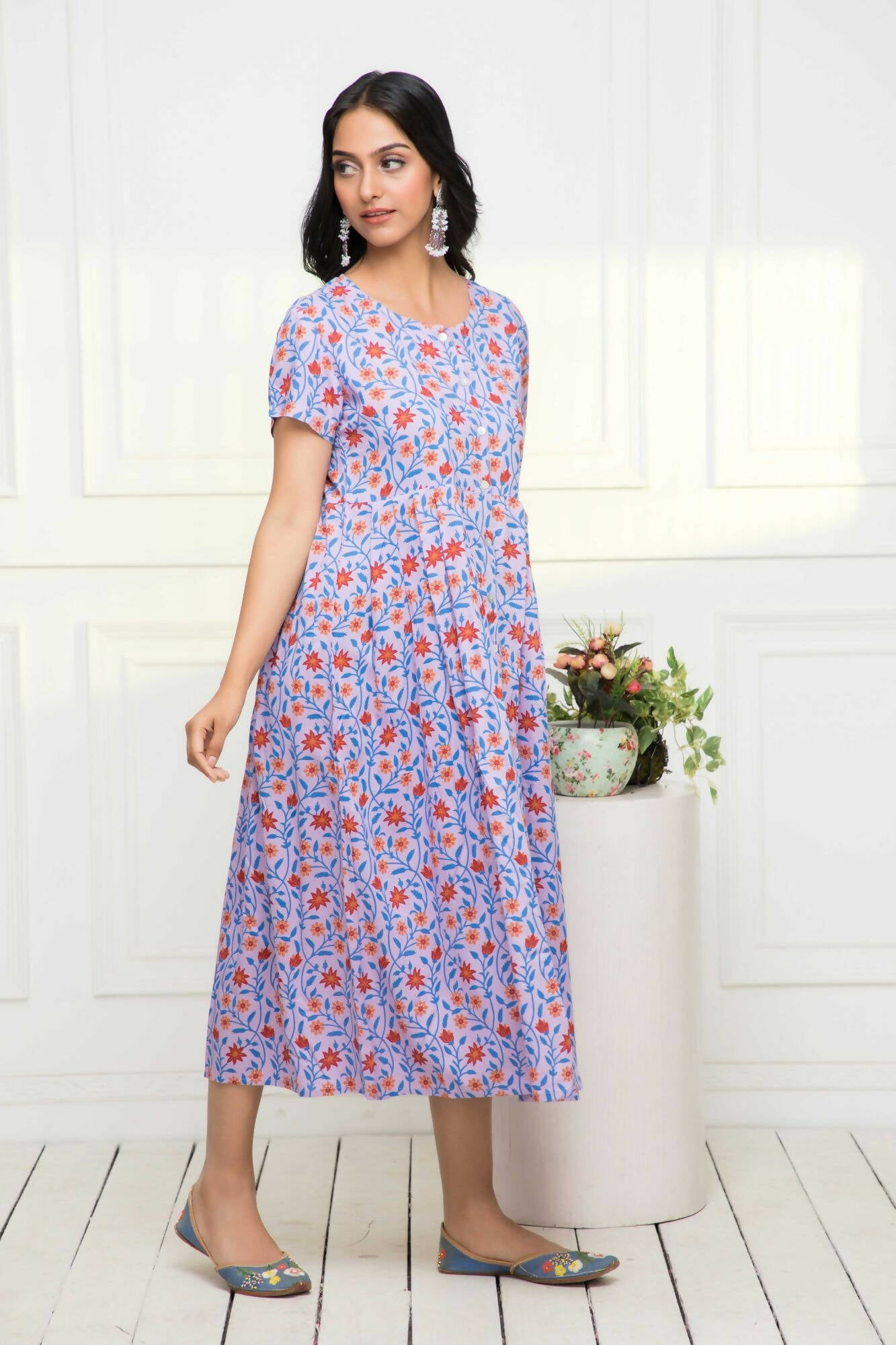 Myshka Women Purple Floral Rayon A-Line Round Neck Dress - Distacart
