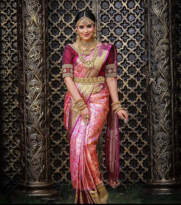DEIANA'S Beautiful Golden Jari with New Design Soft Lichi Silk Saree - Peach - Distacart