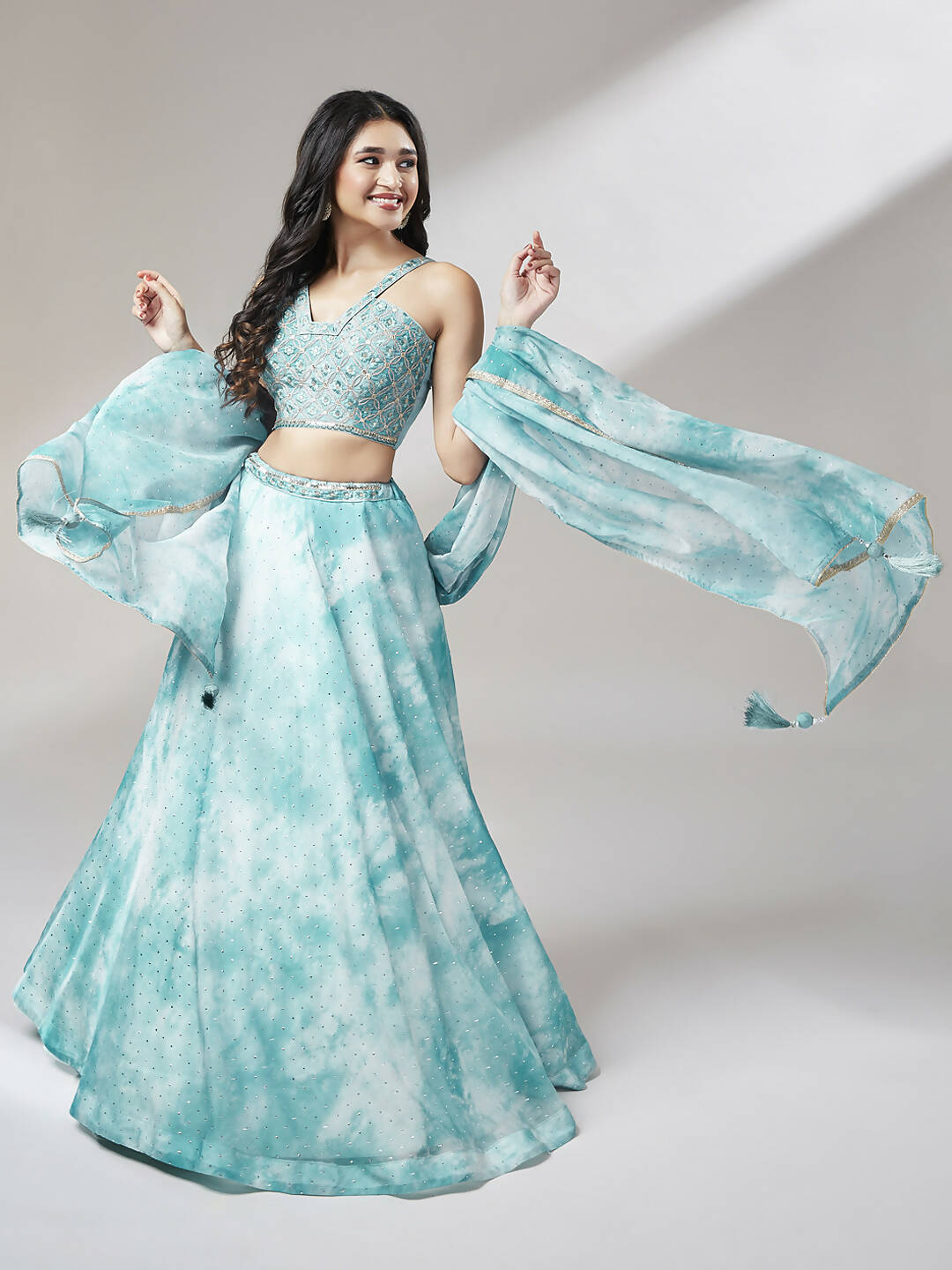 House of Panchhi Turquoise Blue Organza Floral Printed Lehenga choli & Dupatta - Distacart