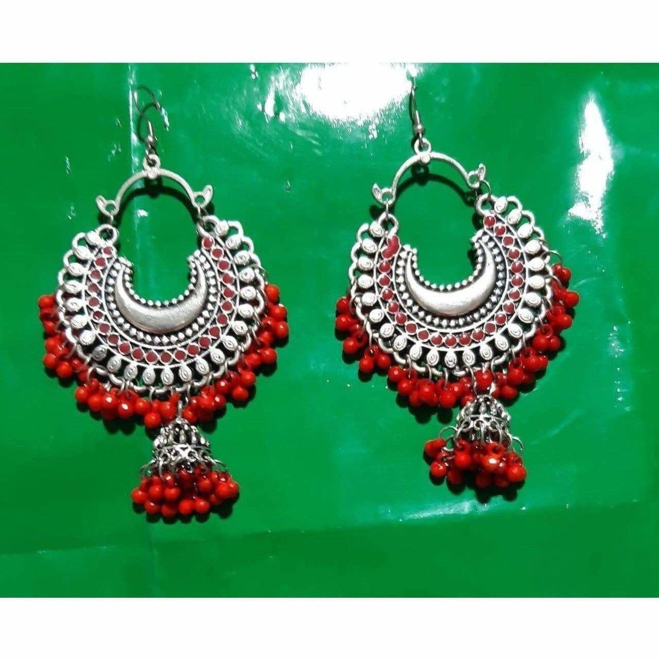 Fancy Red Pearls Chandbali Jhumka Earrings