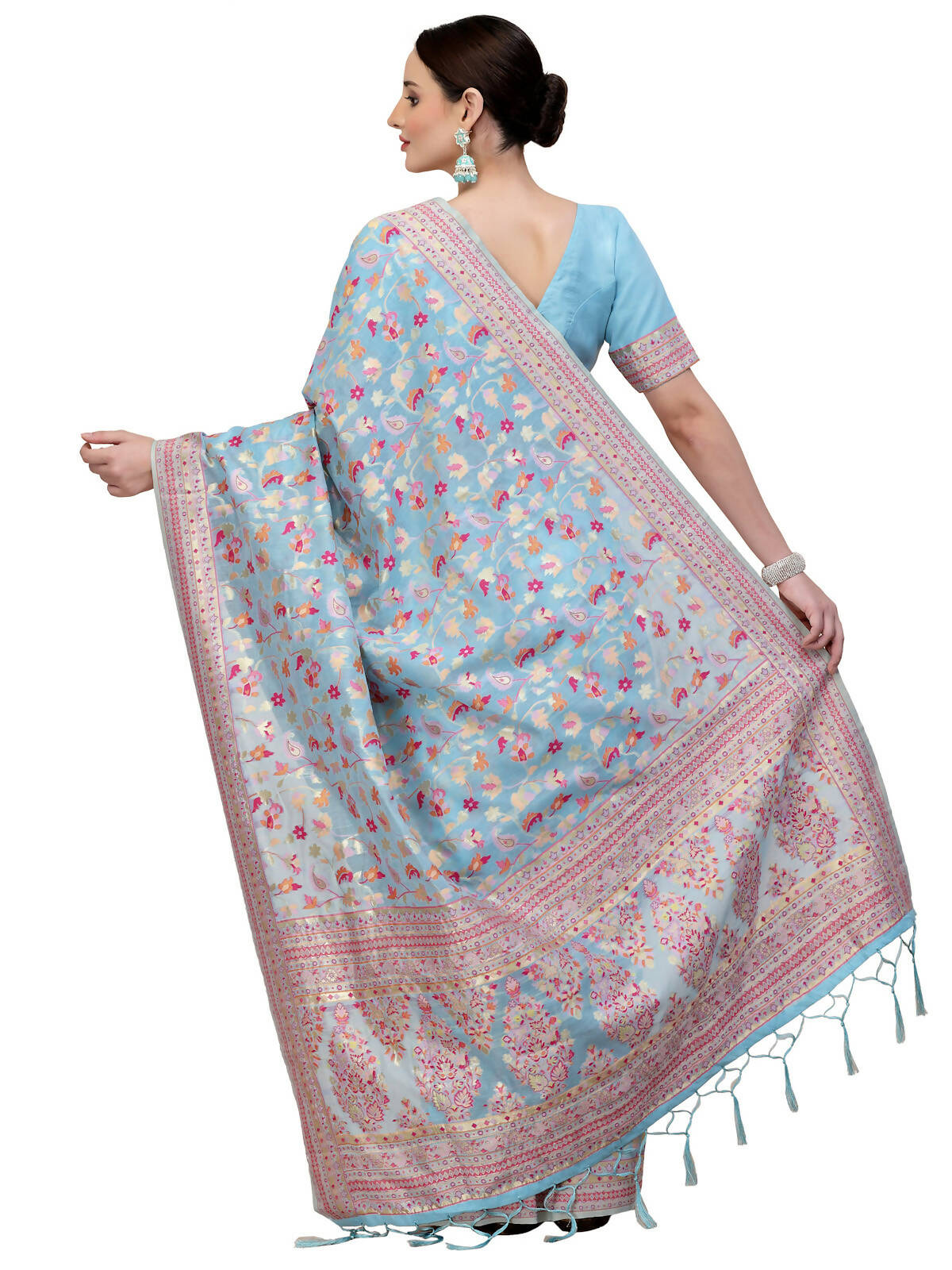Blue Silk Blend Woven Design Saree With Unstitched Blouse Piece - Aloki - Distacart