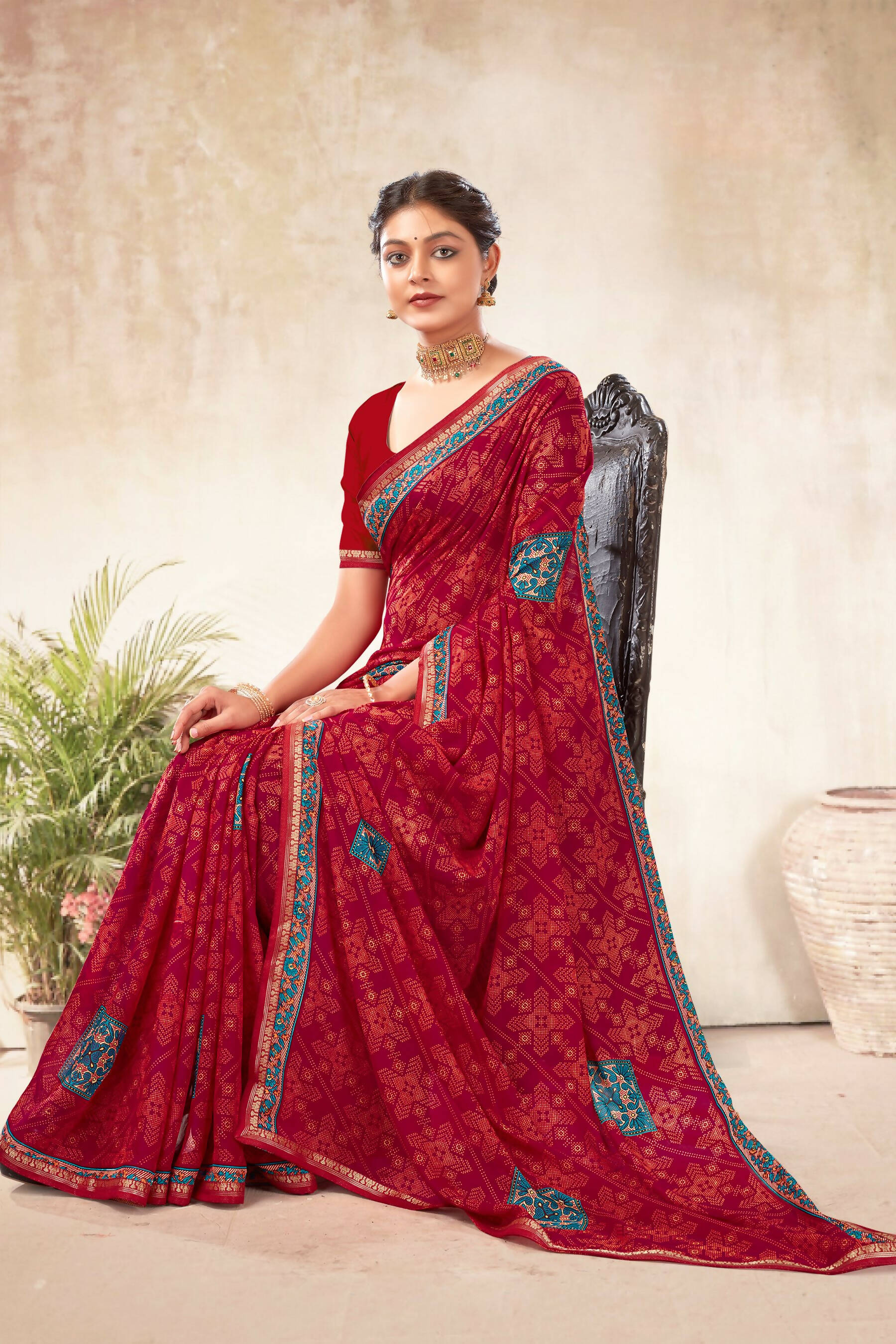 Maroon Georgette Bandhni Printed Saree With Unstitched Blouse Piece - Shanaya - Distacart