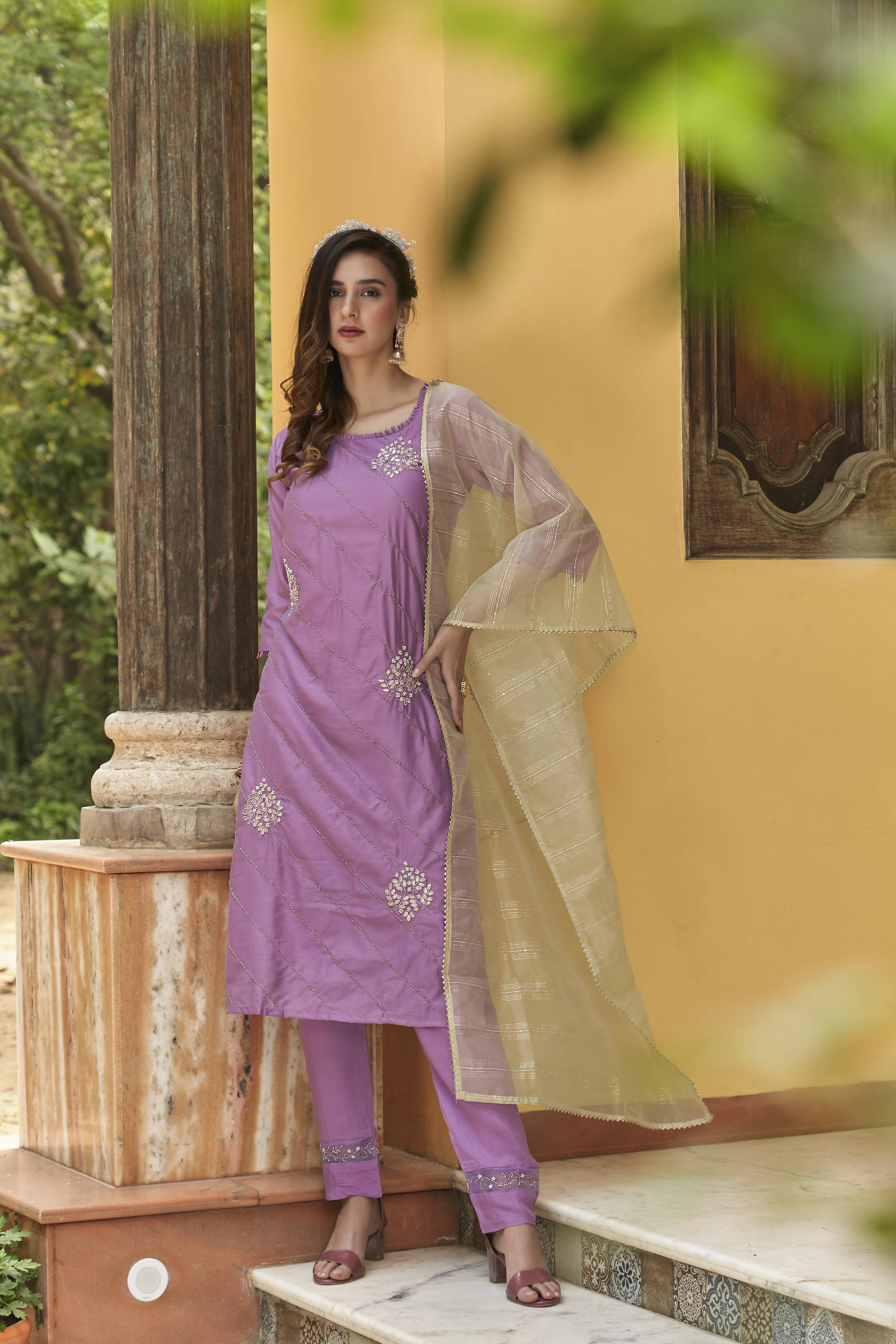 Lavender Chinon Embroidered Kurta and Bottom with Dupatta - Akashara - Distacart