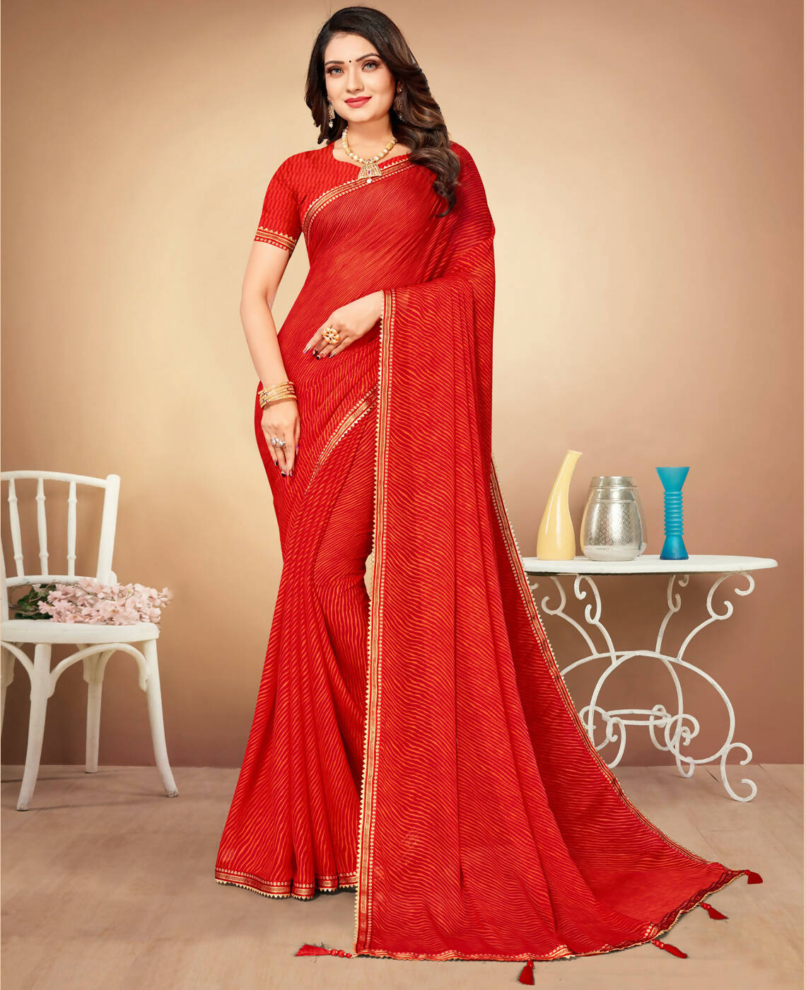 Red Chiffon Leheriya Printed Saree With Unstitched Blouse Piece - Swarna - Distacart