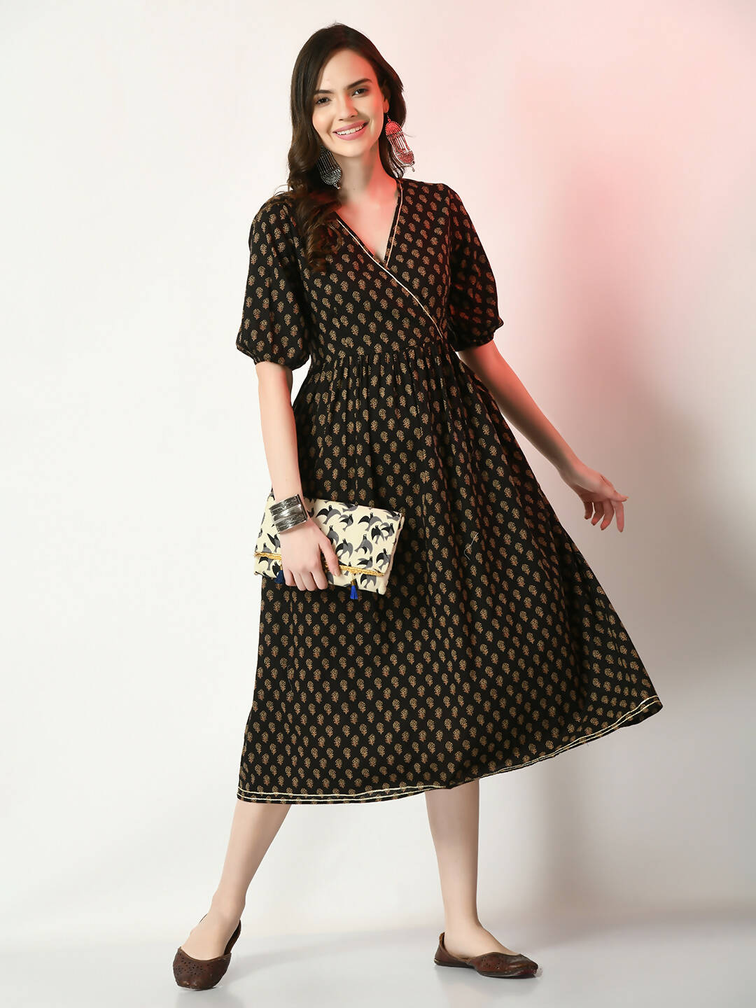 Myshka Women's Black Floral Printed Empire Dress - Distacart