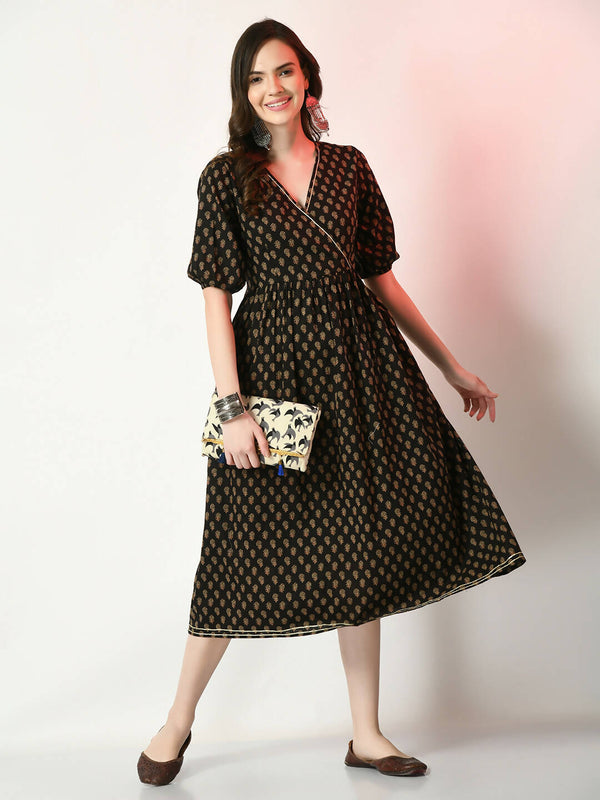 Myshka Women's Black Floral Printed Empire Dress - Distacart