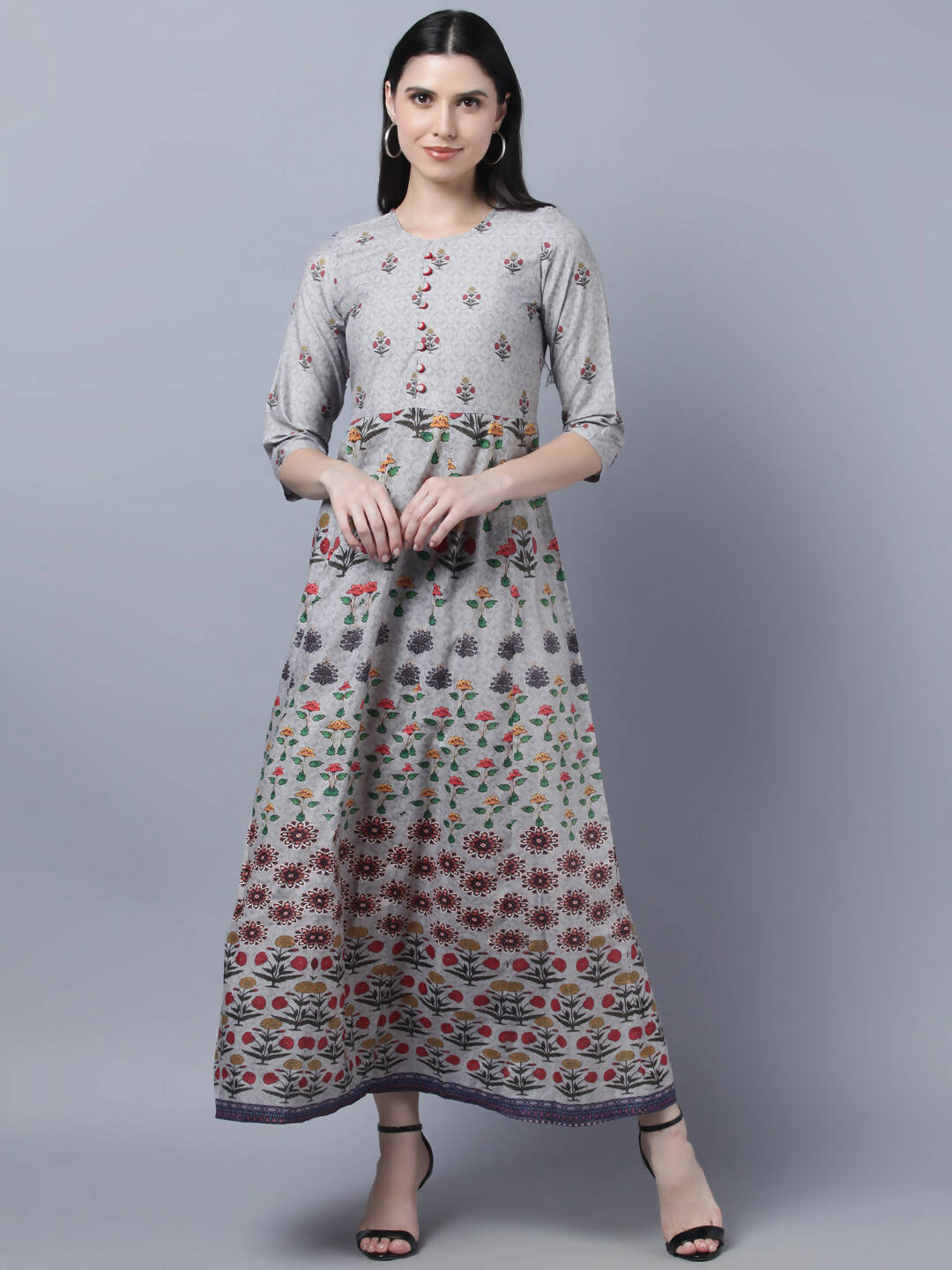 Myshka Women Grey Printed Ethnic Maxi Dress - Distacart