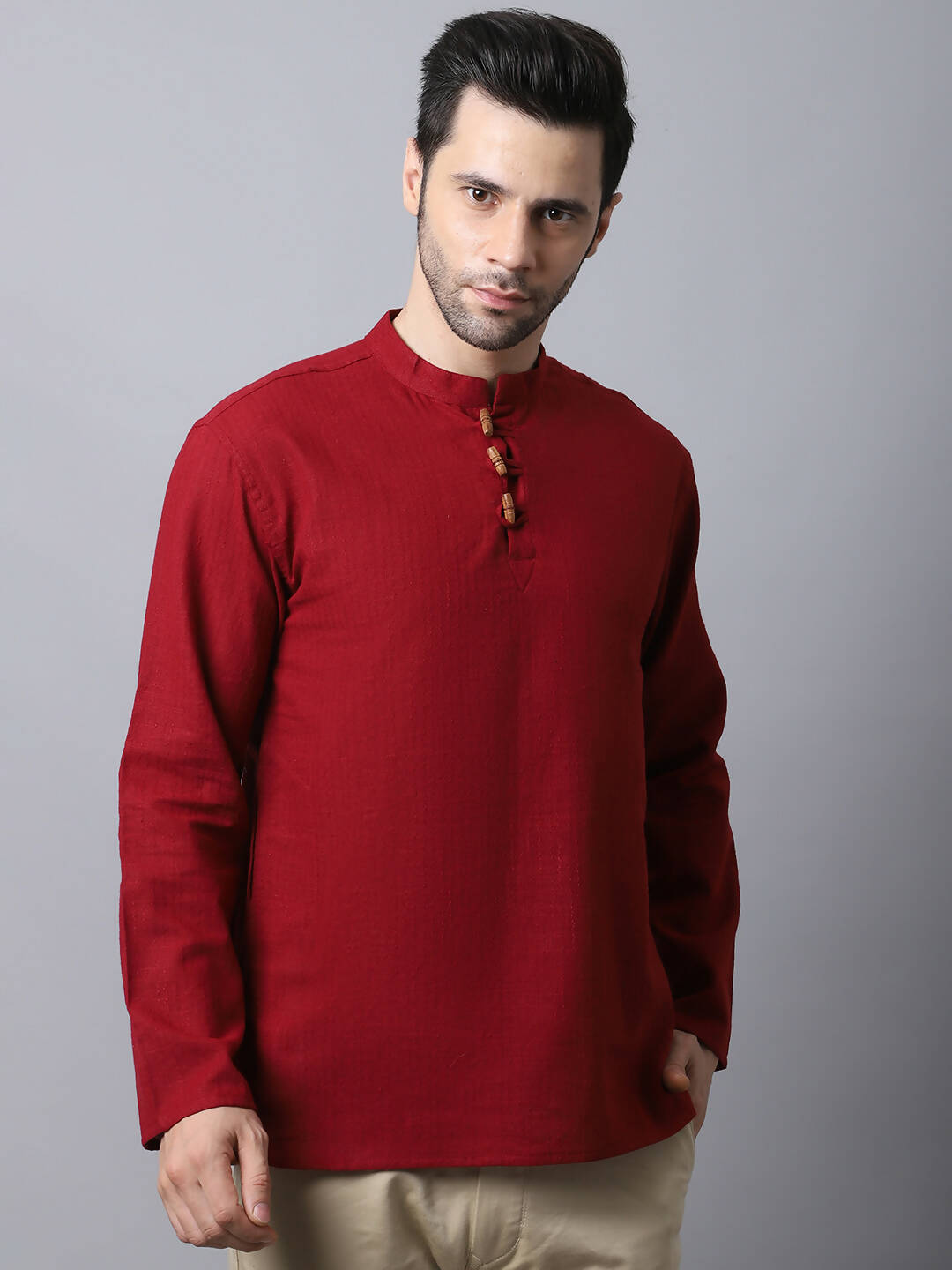 Even Apparels Maroon Pure Cotton Men's Kurta With Band Collar - Distacart