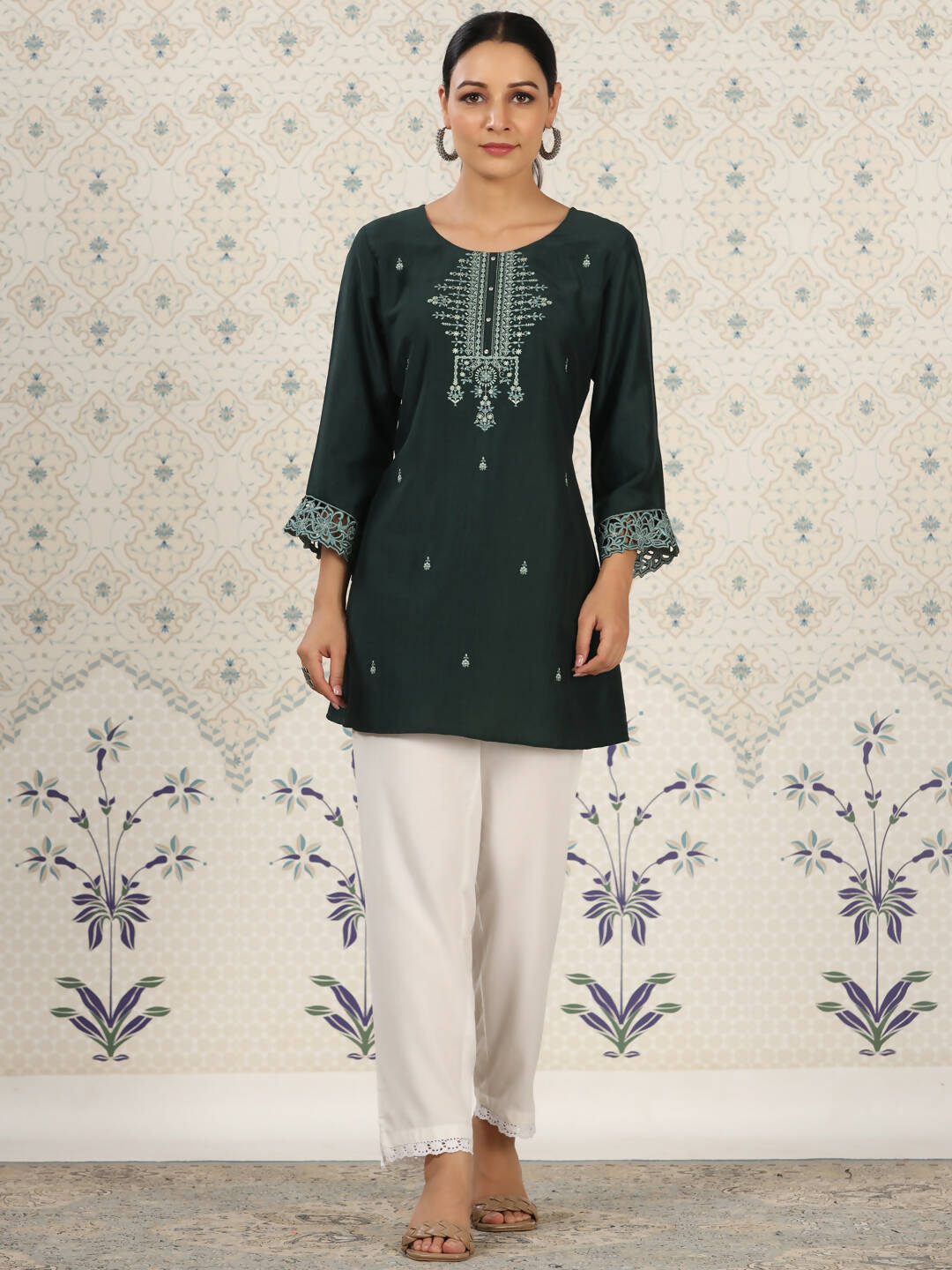Dark Green Chinon Embroidered Straight Top - Zeny - Distacart