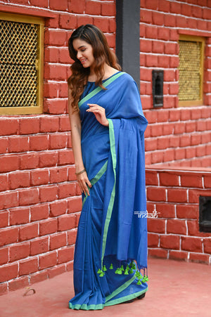 Very Much Indian Pure Cotton Handloom Sarees With Intricate Borders-Blue Shade - Distacart