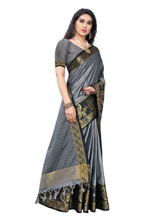 Vamika Banarasi Jacquard Weaving Grey Saree (DHONI GREY)