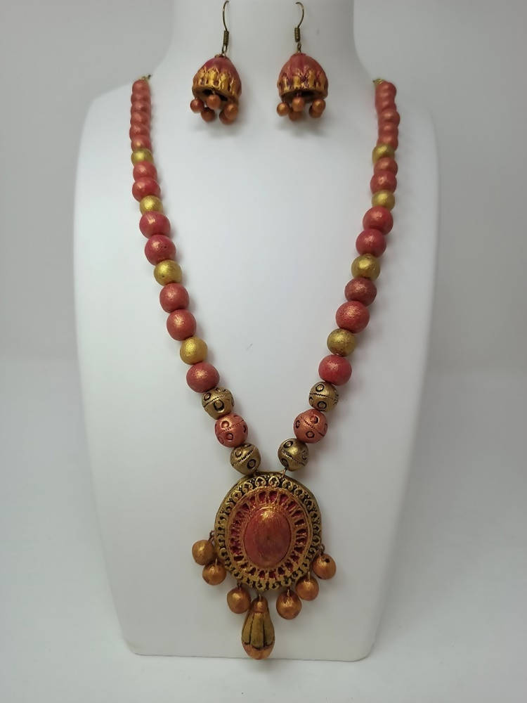 Terracotta Medium Necklace Set With Hangings-Golden Pink