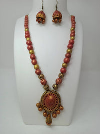 Thumbnail for Terracotta Medium Necklace Set With Hangings-Golden Pink