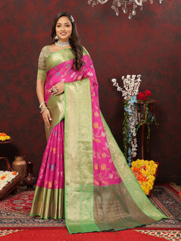 Lorenvalley Fashion Pink Cotton Woven Design Zari Meenakari Weaving Saree - Distacart