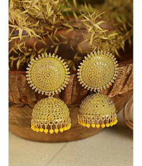 Thumbnail for Mominos Fashion Joharkamal Gold-Plated Meenakari Jhumkas For Women & Girls (Yellow) - Distacart