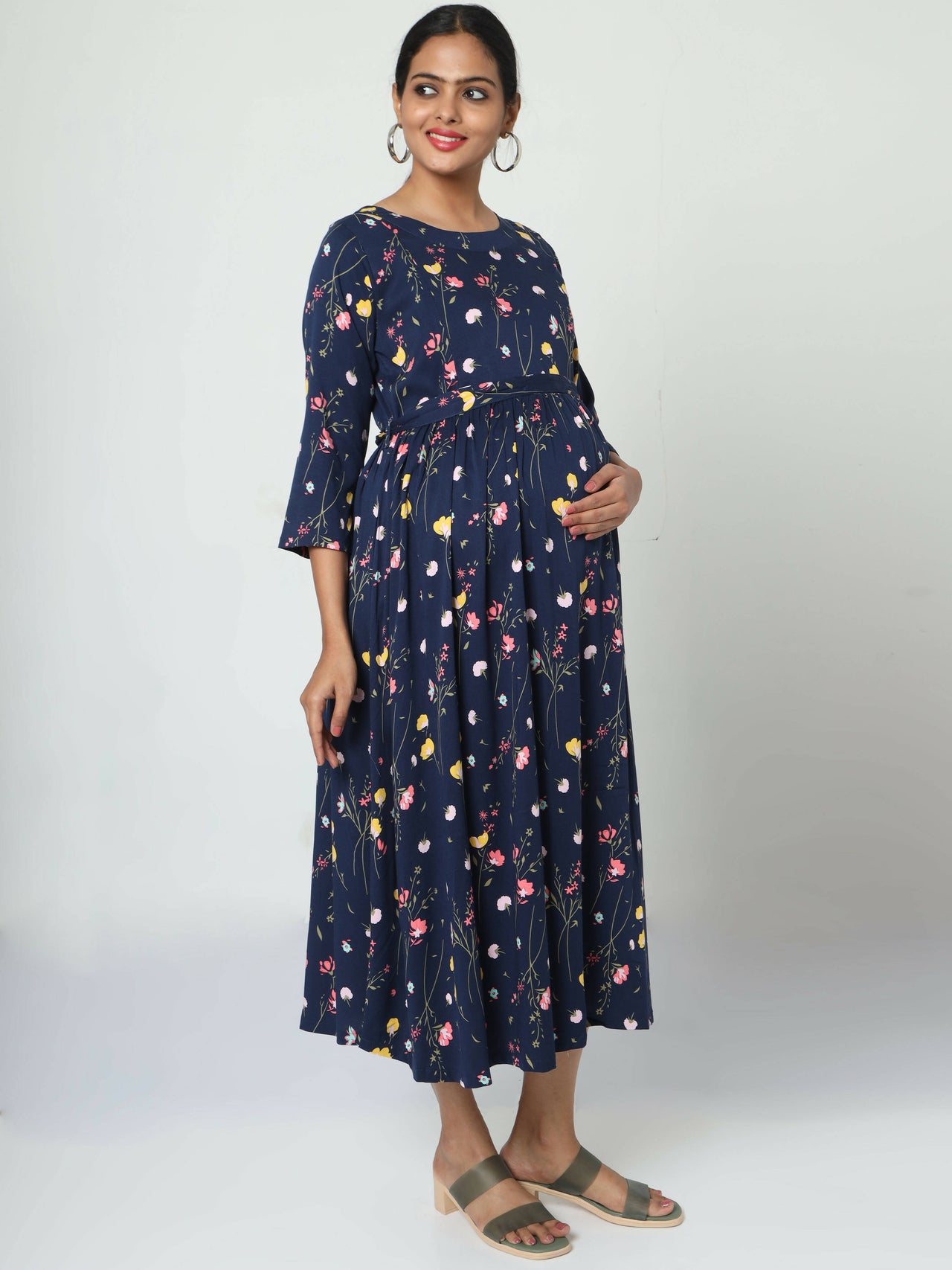 Manet Three Fourth Maternity Dress Floral Print With Concealed Zipper Nursing Access - Navy Blue - Distacart
