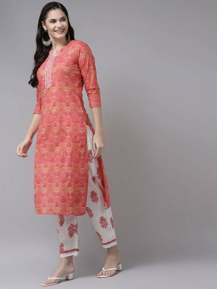 Yufta Women Pink & White Ethnic Motifs Printed Mirror Work Kurta with Palazzo & Dupatta