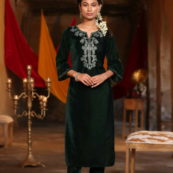 Juniper Women Jadegreen Velvet Embroidered Straight Kurta Sets - Distacart