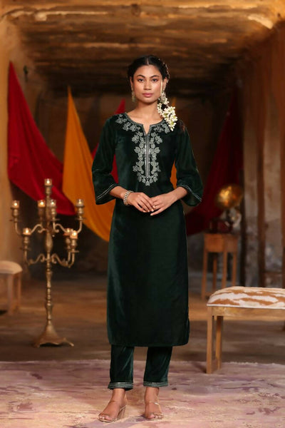 Juniper Women Jadegreen Velvet Embroidered Straight Kurta Sets - Distacart