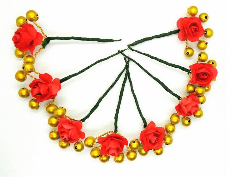 Red Rose Flower With Gold Beaded Hair Brooches (Set of 8 Brooches)