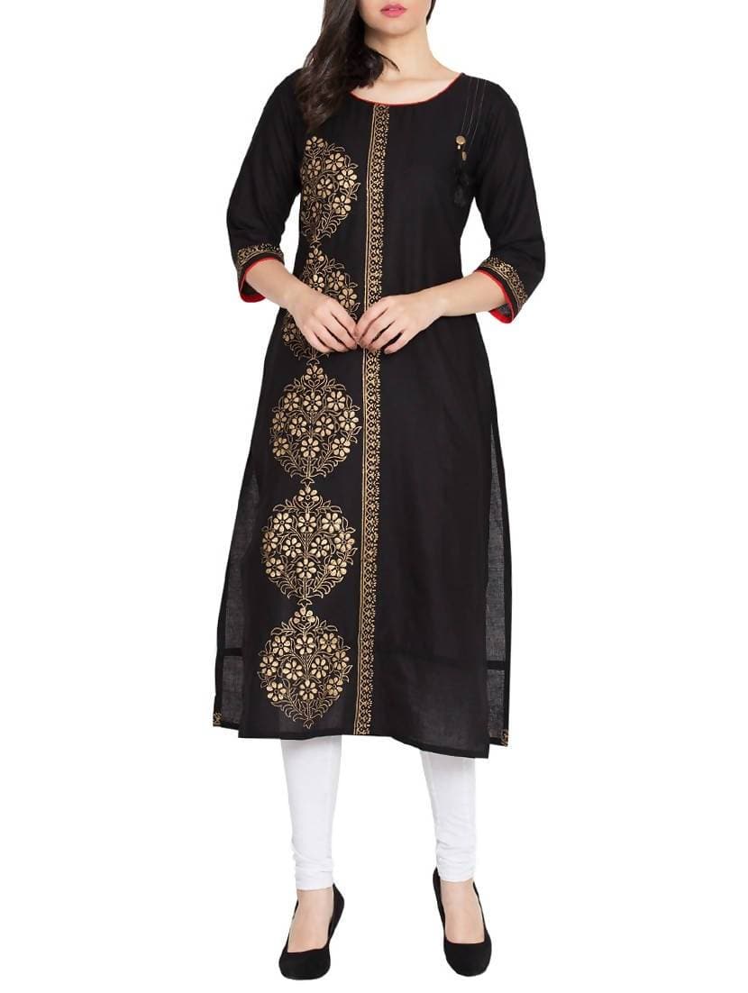 Cheera Hand Block Print Beautiful Straight Kurta In Black Color