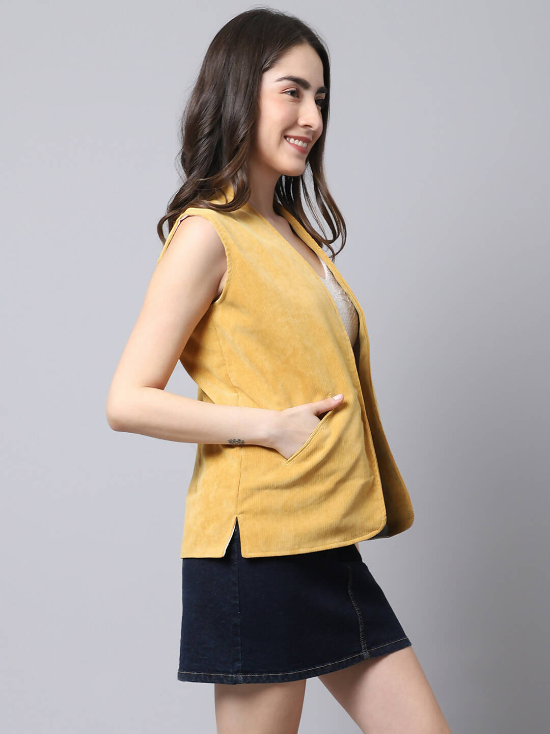 Even Apparels Mustard Polyblend Open Front Women's Waistcoat - Distacart