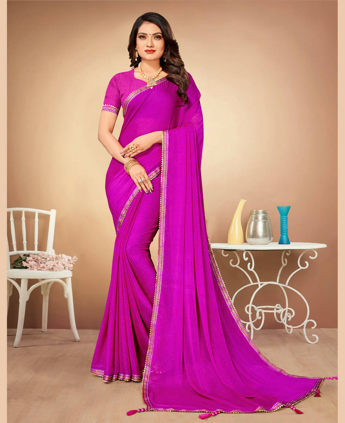 Purple Chiffon Leheriya Printed Saree With Unstitched Blouse Piece - Swarna - Distacart
