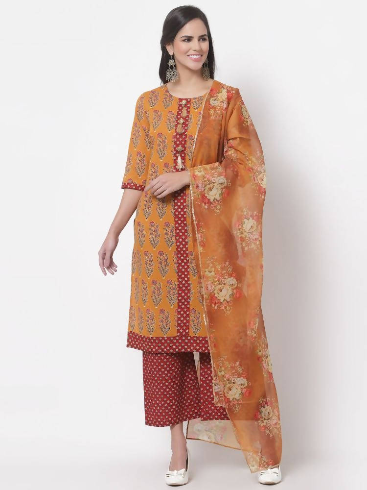 Myshka Women's Cotton Printed 3/4 Sleeve Round Neck Casual Multicolor Kurta Pant Dupatta Set