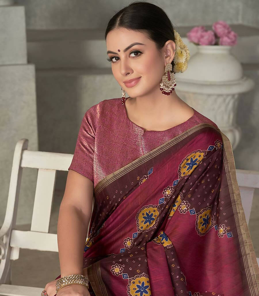 Maroon Rangkat Tussar Silk Woven Design Saree with Unstitched Blouse - Mohmanthan Eshani - Distacart
