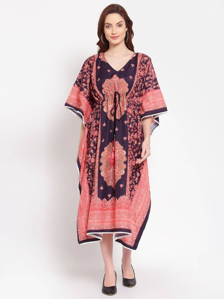 Myshka Women's Multi Printed Cotton 3/4 Sleeve V Neck Casual Kaftan Dress