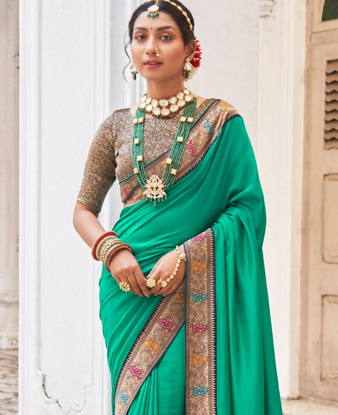 Sea Green Vichitra Solid Saree With Unstitched Blouse Piece - Juhi - Distacart