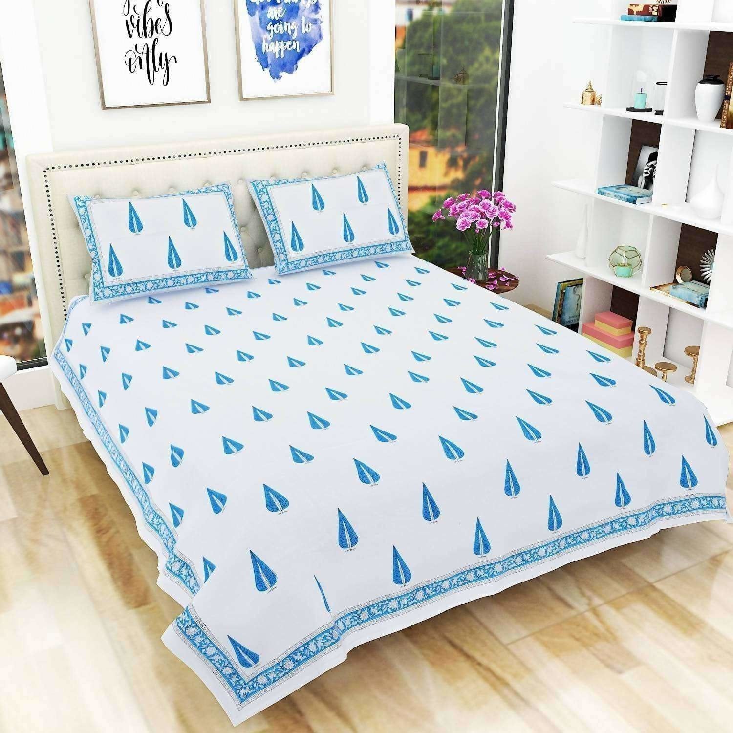 Hand Block Printed Double 230x270 Cms Jaipuri Bedspread with 2 Pillow Covers - Distacart