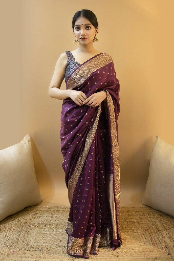 DEIANA'S Beautiful Golden Jari with New Design Soft Lichi Silk Saree - Wine - Distacart