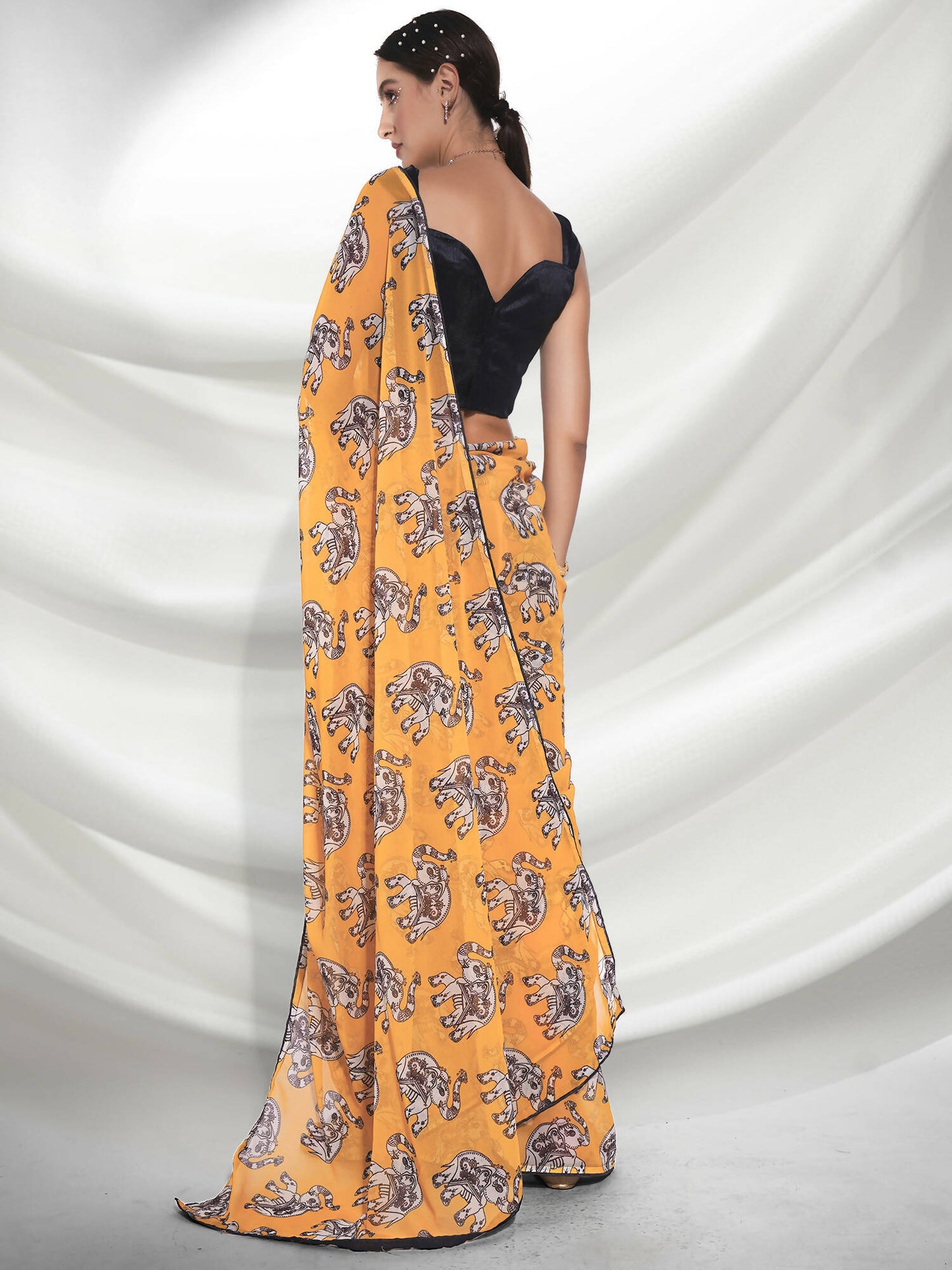 Yellow Georgette Animal Printed Saree With Unstitched Blouse Piece - Rajal - Distacart
