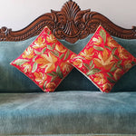 Thumbnail for The Decor Nook Hand Embroidered Crewel Cushion Covers in Mustard/ Off White Chinar Leaf Motif with Red Base - Distacart