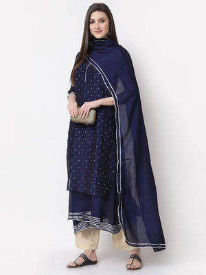Myshka Blue Color Silk Blend Printed Kurta With Dupatta Set