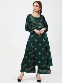 Thumbnail for Cheera Embellished Daily Wear Cotton Blend Kurta With Palazoo - Bottle Green - Distacart
