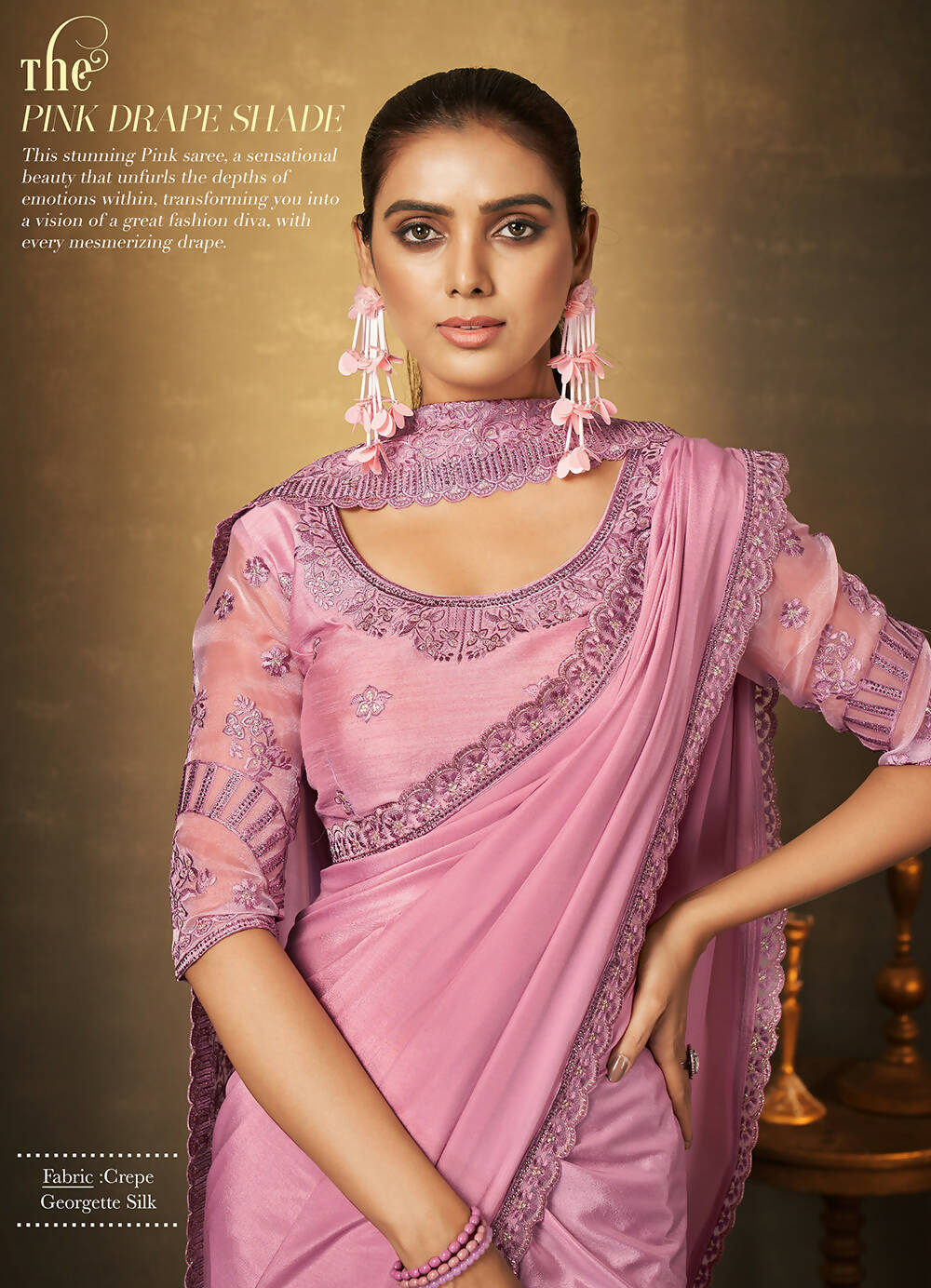 Pink Crepe Georgette Silk Cord Embroidered with Swaroski Work Saree With Unstitched Blouse Piece - Norita Royal Erisha - Distacart