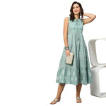 Thumbnail for Sea Green & White Ethnic Motifs Embroidered Pure Cotton Maxi A-Line Dress - Poonam - Distacart