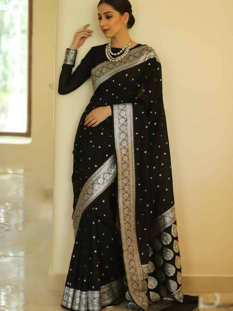 DEIANA'S Beautiful Golden Jari with New Design Soft Lichi Silk Saree - Black - Distacart
