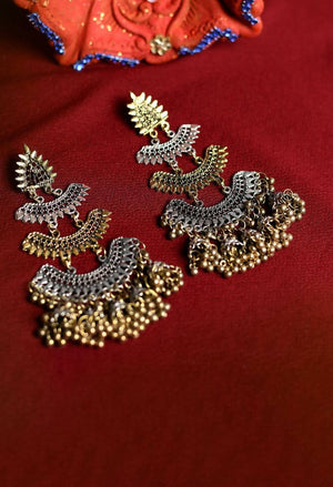 Tehzeeb Creations Silver And Golden Colour Oxidised Earrings With Jhumki Style