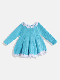 Thumbnail for Chutput Kids Woollen Hand Knitted Full Sleeves Flower Work Dress - Blue - Distacart