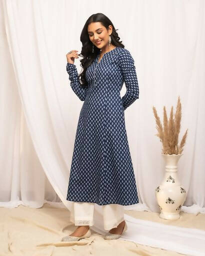 FIORRA Women's Floral Printed Navy Blue Cotton A-Line Kurta - Distacart
