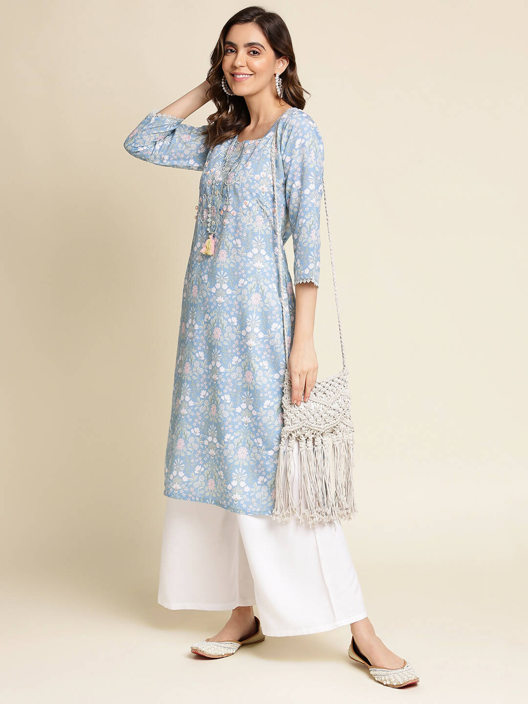 Blue Linen Floral Printed Straight Fit Kurta - Prasuti - Distacart