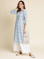 Thumbnail for Blue Linen Floral Printed Straight Fit Kurta - Prasuti - Distacart