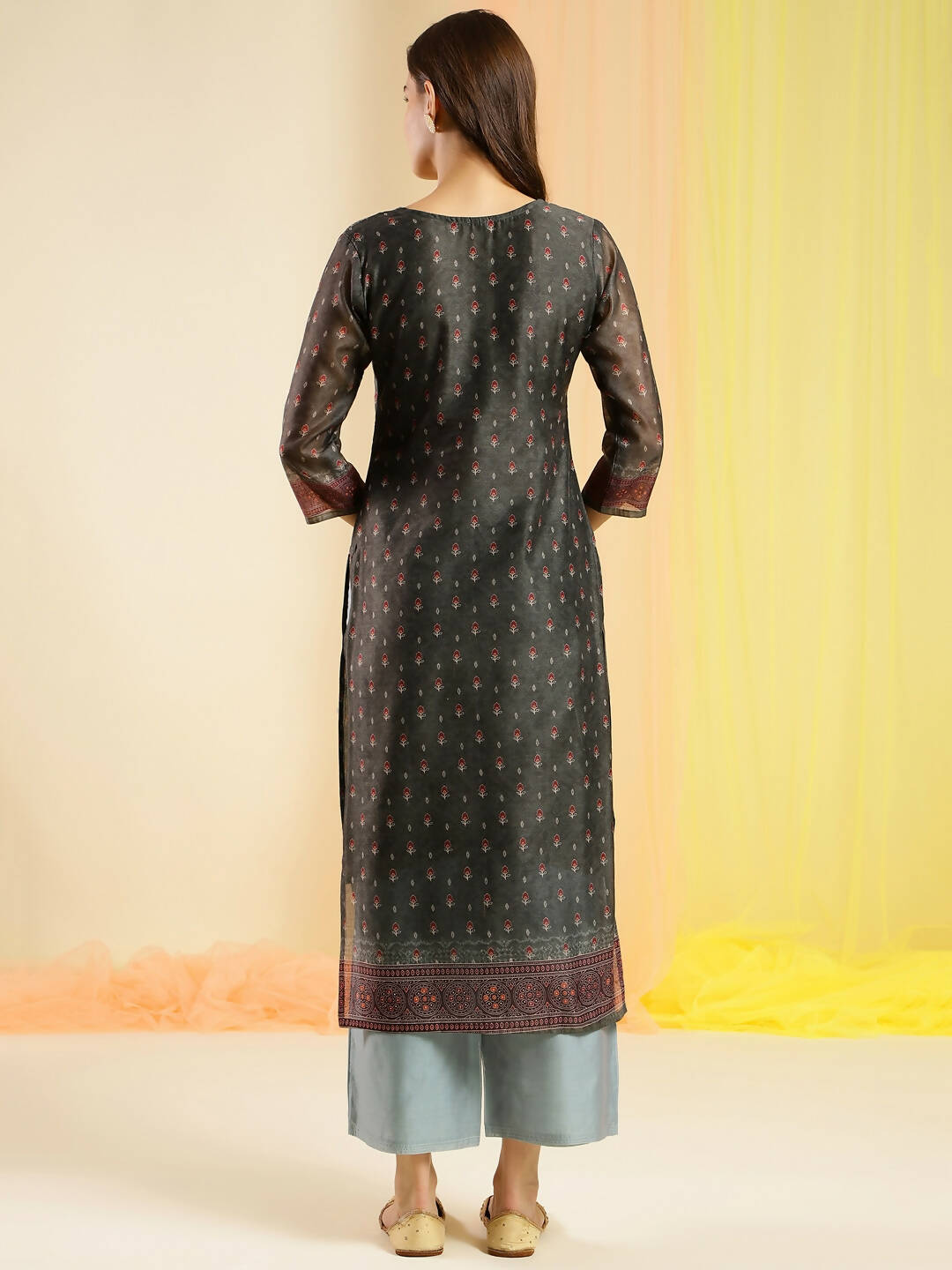Dark Green Chinon Digital Printed With Hand Work Kurta - Himanshi - Distacart