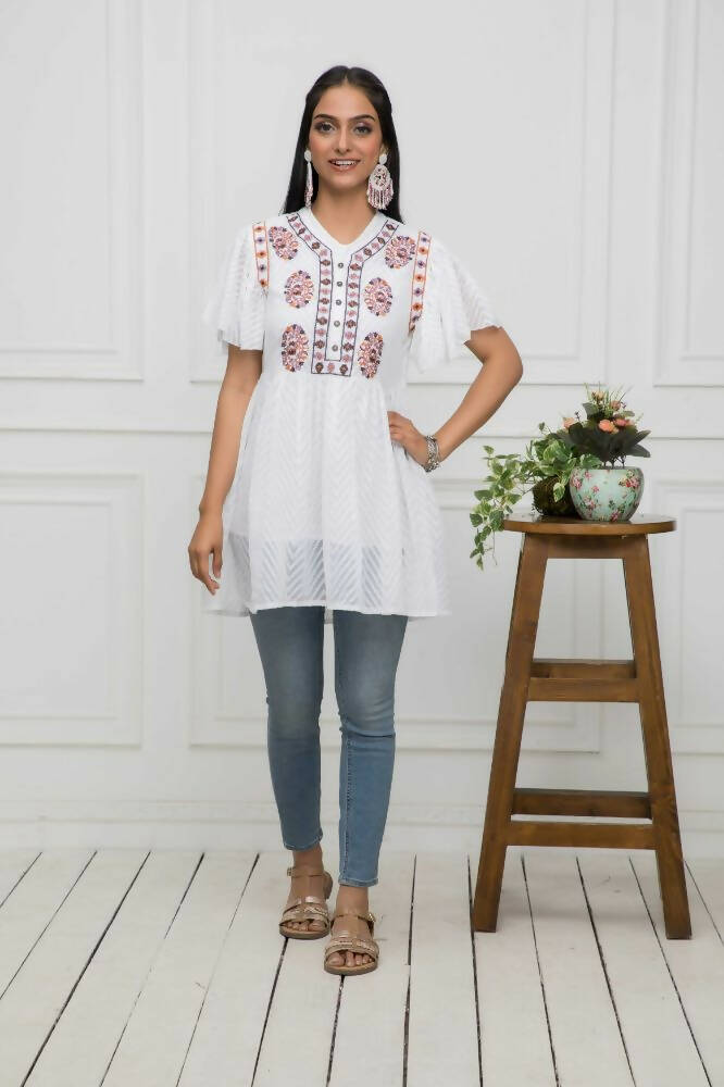 Myshka Women Solid V-Neck Flared Sleeves Synthetic Georgette White Top - Distacart