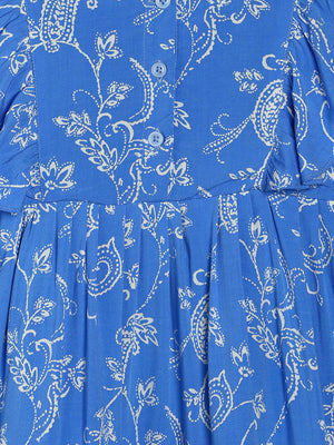 Manet Girls Cotton Frill Sleeve Frock Big Flower Print - Blue - Distacart